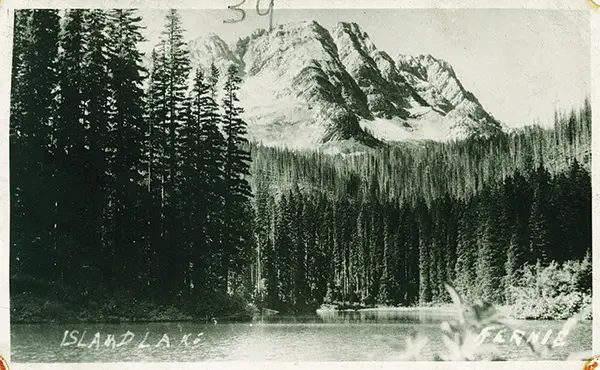 Historic black-and-white photograph of Island Lake and the Lizard Range