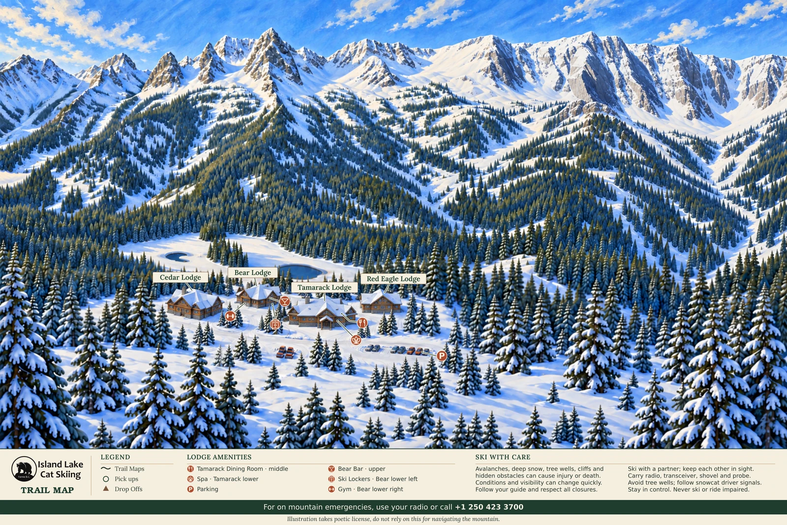 Illustrated winter panorama of Island Lake, with alpine peaks, forested bowls, the lake, and labeled Cedar, Bear, Tamarack, and Red Eagle lodges.