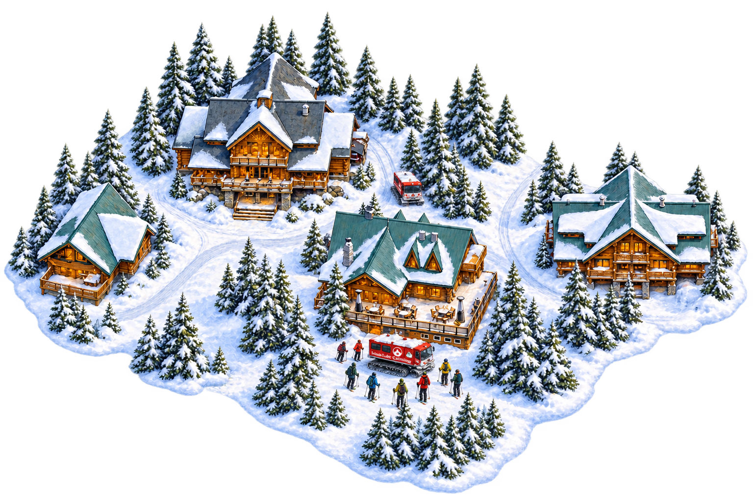Painting of Island Lake’s snowy timber lodges, with one red snowcat descending the upper road and another beside skiers outside the Bear Bar