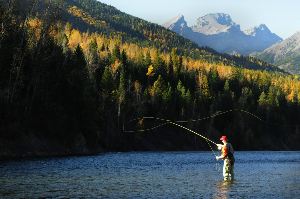An angler on Island Lake with golden autumn trees and mountains beyond