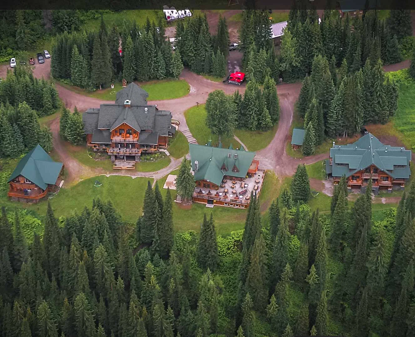 Island Lake Lodge and its surrounding forest from above